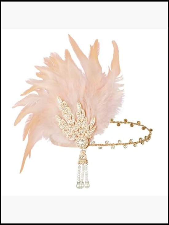 Art Deco Feather Headband with Pearl Tassels Gold Crystal Embellished Adjustable main image 6